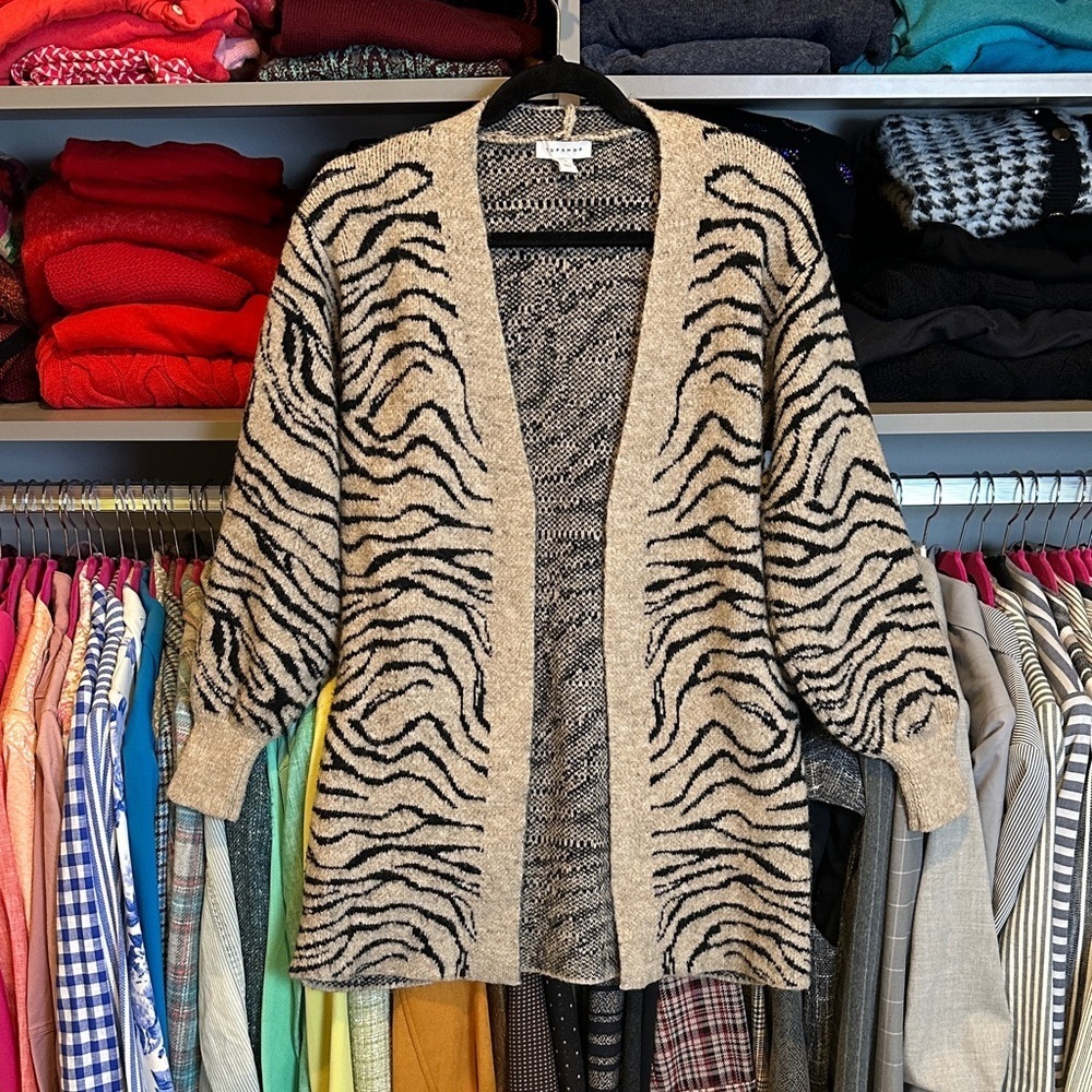 Topshop tan/black zebra print long sleeve open front cardigan size XS
